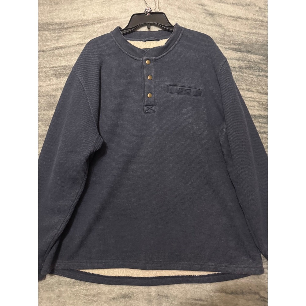 LL Bean Katahdin Iron Works Waffle Knit Henley Fleece Lined Navy Blue XXL 285387